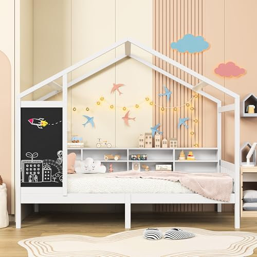 BRILVERDE Kinderbett 90 x 200 cm, Holzbett mit Schubladen und Lattenrost, mit Bücherregal, Ablagen und Schreibtafel, Hausbett mit Absturzsicherung, Einzelbett für Kinder- und Jugendzimmer, weiß