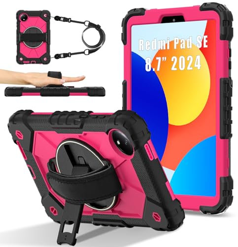 Compatibile con Xiaomi Redmi Pad SE 8.7 4G Rilasciato 2024, resistente TPU Cover 360 Rotante Cinghia da Polso e Supporto+Tracolla per Redmi Pad SE 8.7 4G Tablet Case (Rosa Nera)