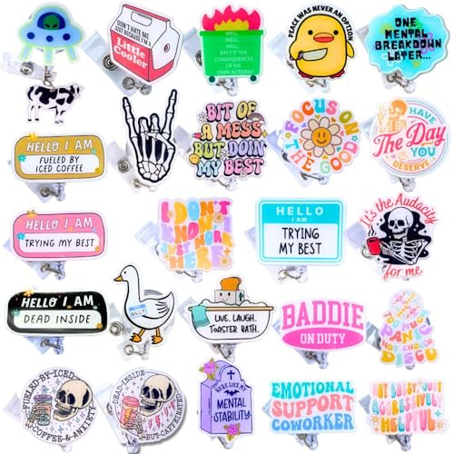 YJ PREMIUMS 24PC Funny Cute Badge Reel Bulk Clip Holder Retractable Fun Cool ID Badges Reels Pack for Nurse Week Nurses Nursing Office Student Work Healthcare Medical Sarcastic Gifts Supplies