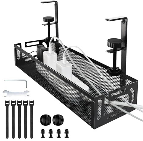 TUAKIMCE Under Desk Cable Management Tray, No Drill Metal Mesh Table Cable Baske for Managing Cables and Power Strips with Clamp Mount, No Damage to Desk, for Office Home, Black
