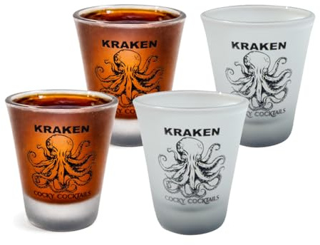 The Spice Specialist Kraken Rum Frosted Shot Glasses (4 Pack) – Glass Rum Shot Glasses – Novelty Cocktail Glasses for Parties & Home Bar – Unique Gift by Cocky Cocktails