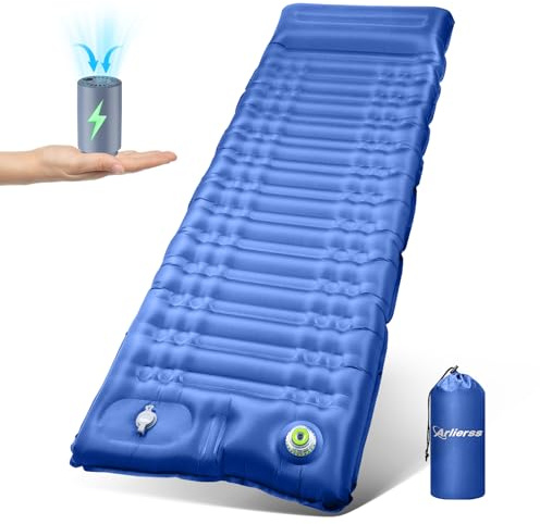Arlierss Materassino elettrico autogonfiante, spessore 12 cm, con pompa e cuscino, ultraleggero, impermeabile, anti-ribaltamento, per escursioni, spiaggia, verde militare, blu