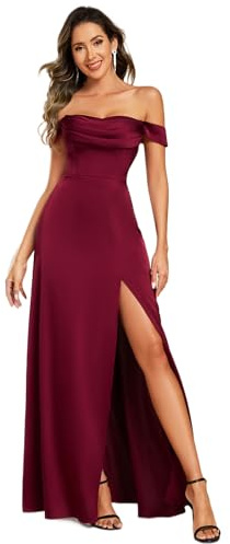 Ever-Pretty Bridesmaid Dress for Women Long with Slit Empire Waist Satin Prom Dresses Burgundy 10