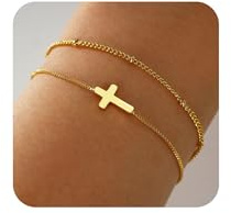 Cross Bracelet for Women，Dainty 14k Gold Plated Pearl Bridesmaid Bracelets for Women Small Wrist, Trendy Stack Thin Chain Sunflower Bracelet Gold Jewelry for Womens Baptism Gift (cross bracelet-gold)