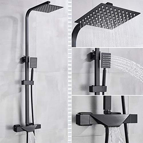 Shower Mixer Faucet Set, Wall Mount Bath and Shower Thermostat Mixer Faucet Set Rainfall Shower Head Black/Chrome(Thermostatic Black B)
