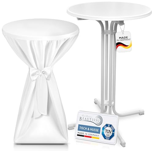 Beautissu Outdoor Stehtisch klappbar mit Husse Wetterfester Partytisch TÜV | 70cm Weiß Weißer Platzsparender Bistrotisch Gastro-Qualität Premium Stehtischhusse Klapptisch Gartentisch Sylt