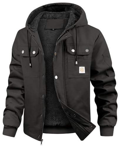 CARWORNIC Giacca invernale da uomo con cappuccio, in pile, foderata, in cotone, antivento, casual, da lavoro, Nero , XS