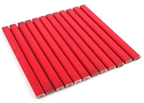PARENCE.- Lot de 12 crayons de charpentier rouges – 17,5 cm – Crayons plats de marquage pour bois, métal et chantier – Outils de traçage robustes pour charpentiers, menuisiers et bricoleurs