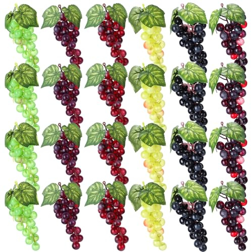Wavyknot 24 Pcs Artificial Grape Rubber Fake Grapes Bunches with Vines Leaves Faux Lifelike Fruits Ornament for Wedding Outdoor Decoration Garden Home, 6 Colors