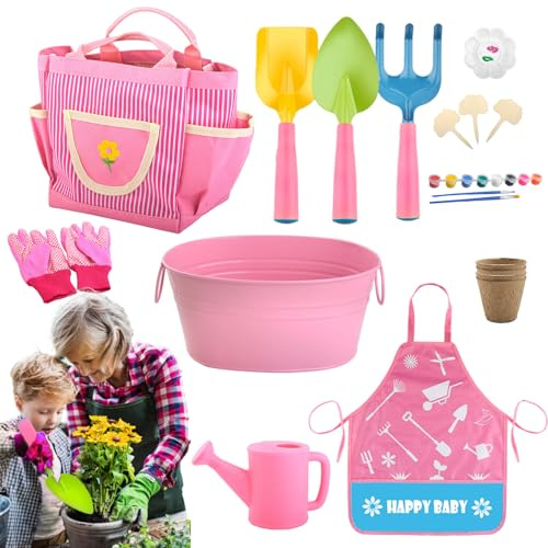Qutalmi Utensili da giardino per bambini, con vaso di fiori, rastrello, pala, grembiule e guanti, grembiule da giardino con annaffiatoio | per ragazze, bambini, compleanno, Pasqua, giardino, prato