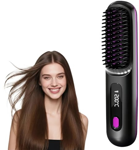 Go Brush Pro UK Cordless Hair Straightener Brush, Portable Heated Brush with Ionic Technology, USB Rechargeable for Travel, 3 Heat Settings & LED Screen, MCH Ceramic Heating for Smooth