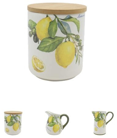 Mediterrane Zitronen-Serie aus Dolomit-Keramik - Edle Krüge & Vorratsdose - Vintage Design Lemons & Olives - Hochwertige Keramik für Küche & Tafel (Dose - ⌀ 10 cm Höhe: 12 cm)