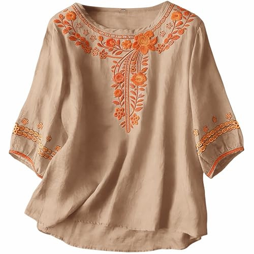 Camisas Mujer con Bordado en el Pecho, Blusa de Lino Vintage Talla Grande, Detalles étnicos en Mangas y Cuello, Camisa Manga Corta Casual T-Shirt Vintage,Blusas Boho Tops Elegantes,Camisetas Basicas
