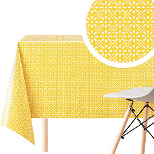 KP HOME Vattentät PVC-bordsduk som kan torkas ren - rektangulär vaxduk 98 x 140 cm | 250 x 140 cm - retro blommigt tryck kan torkas av bordsduk - plast utomhus avtorkningsbart bordsskydd i gult
