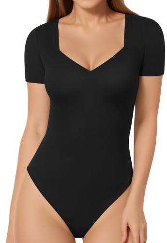 MANGOPOP Sweetheart V Neck Bodysuits for Women Long Short Sleeve Body Suits Tops Shirt, Short Sleeve Black, Medium
