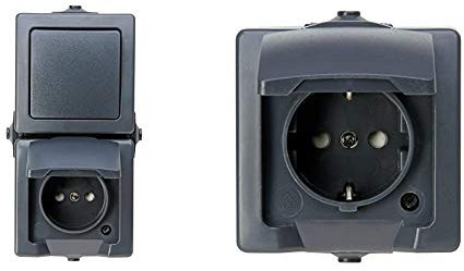 Kopp 138515009 Nautic 2-Fach Kombination, Bestehend aus Steckdose mit Klappdeckel und erhöhtem Berührungsschutz sowie Universalschalter, IP44 & Nautic 1-Fach Schutzkontaktsteckdose