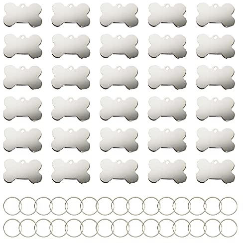 KAKABUQU 30 Pcs Pet ID Tag Bone Shape 38MM Blank Personalized Aluminium Pendants Tag Dog Cat Pet Name Phone Number ID Tag Charm with Key Ring for Dogs Cats