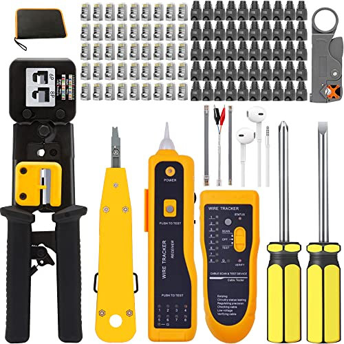 MAYLINE - Crimpadora RJ45 CAT5 CAT6, mantenimiento del kit LAN, probador de Internet para crimpado de cables, herramientas kit de red profesionales, conectores RJ11/RJ12 pasantes (negro)