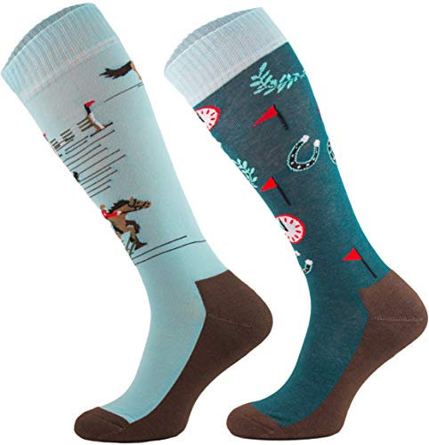 TODO Comodo Reitsocken Bunt mit Motiv STJBW | Baumwolle Reitstrümpfe Reiter Kniestrümpfe für Damen Mädchen Kinder (STJBW 23 - Lucky Horse, 39-42)