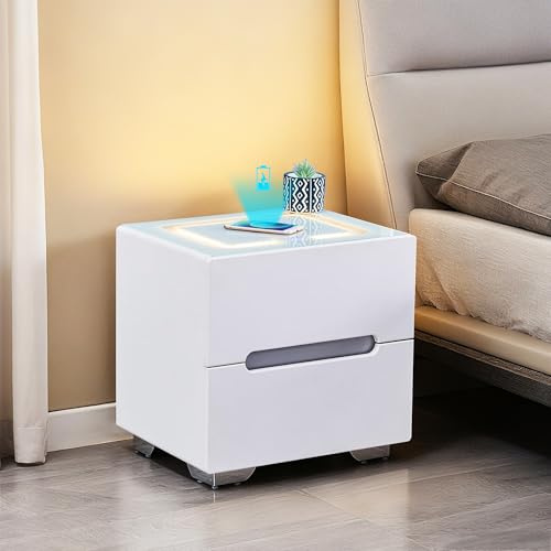 CLIPOP 2 Drawers Bedside Table, Smart Bedside Table with Wireless Charging Station and LED Lights, Modern Tempered Glass Top Nightstand Cabinet for Bedroom Living Room | 2 drawers storage space, modern bedside table, bedside cabinet, 3-colour adjustable LED light