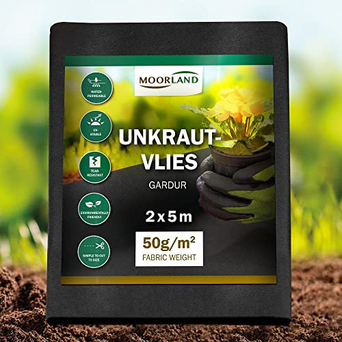 Moorland Unkrautvlies für Garten 10m² Gartenvlies Wasserdurchlässig 2m breit Gardur – Unterbodengewebe Unkrautflies UV-Beständig Reißfest Folie gegen Unkrautgewebe Unkrautfolie Mulchfolie Schwarz