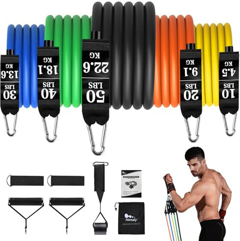 himaly Widerstandsbänder Fitnessbänder Set, 5 Resistance Bands mit Griff Knöchelriemen Türankerbefestigung, Training, Expander Tube Bands, Trainingsbänder für Krafttraining Yoga Pilates
