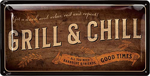 Cartel de chapa retro con texto en alemán Grillen and Chilll Lounge, decoración retro para barbacoas, para el jardín, regalo para papá, parrilla, cartel con refranes y troquelado, en 17 x 34 cm