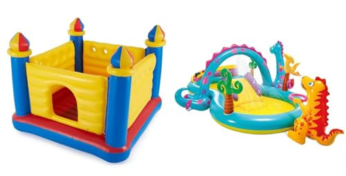 Jump-o-lene Castle Bouncer & Dinoland Play Center Inflatable Water Play Center, Assorted Model (with and without volcano), Multicoloured, 333x229x112 cm, 280 Litres