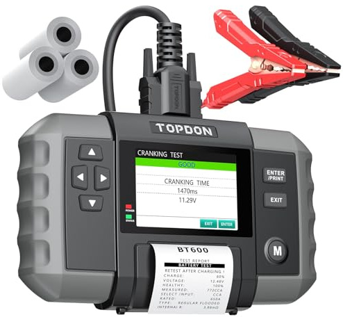 TOPDON BT600 Car Battery Tester, 12V 24V Load with Printer,100-2000 CCA Cranking & Charging, Battery Alternator Analyzer with 1.8 M/5.9ft Cable, 3.5” Color Screen