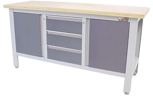 George Tools Tampere werkbank 169 cm - mit 3 Schubladen, 2 Türen und Multiplex-Arbeitsplatte - Grau