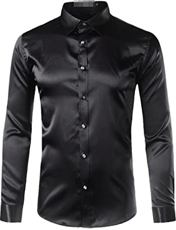 Camisa de esmoquin de satén de seda para hombre, camisa de vestir casual slim fit, oro brillante, negro asiático 3XL