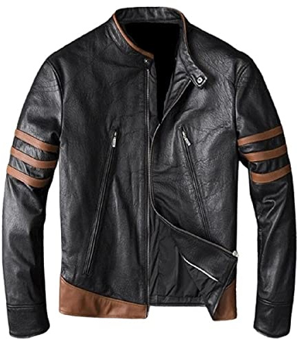 AKSAH FASHION Veste de moto Logan Wolverine en cuir pour homme avec bras marron rayé
