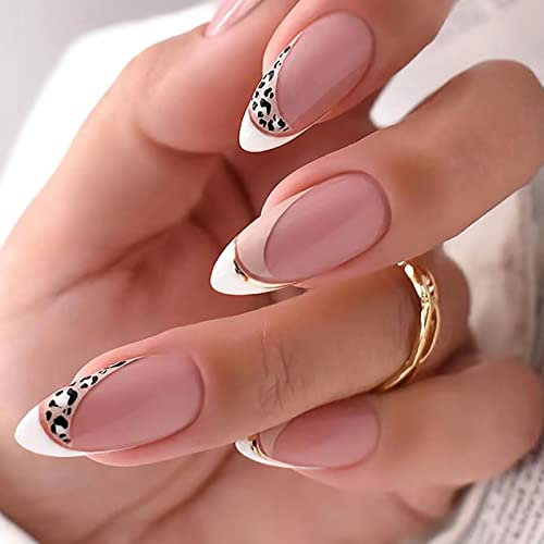 Ceboic Kurz Mandel Nägel zum Aufkleben, 24 Stück French Rosa Nude Leopardenmuster Press on Nails, Falsche Nägel Glossy Kunstnägel mit Designs Acryl Fake Nails für Frauen