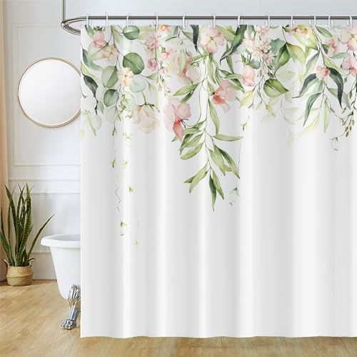 Uiiooazy Duschvorhang 180x200cm Anti Schimmel Grün Eukalyptus Rosa Blumen | Duschvorhang Salbeigrün Blätter Pflanzen Motivo Wasserdicht Waschbar Stoff Polyester Bad Vorhang mit 12 Haken für Badezimmer