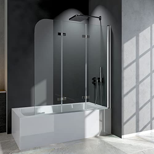 WDWRITTI Duschwand für Badewanne 130x140 cm 3-Teilig faltbar Duschabtrennung, Badewannenaufsatz mit 6mm Nano Easy-Clean Sicherheitsglas, Duschtrennwand Duschtrennwände für Badewanne
