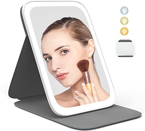 tekstap Makeup Mirror with Light, Rechargeable 360°Rotation Vanity Mirror with Leather Cover, 3 Color Temperature Dimmable Travel Light Up Mirror, Portable Mirror for Girls