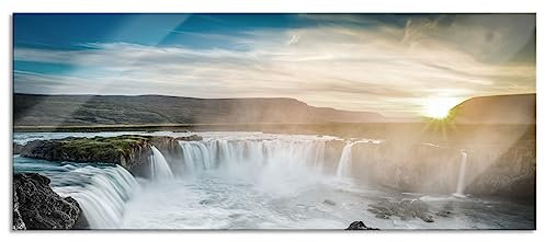 Pixxprint Glasbild Panorama, Wandbild aus Echtglas, Goðafoss bei Sonnenuntergang, 120x50 cm, inkl. Aufhängung und Abstandshalter