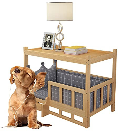 Erhöhtes Hundebett aus massivem Holz mit Matratze, Treppe und Geländer, doppelschichtiger Haustier-Beistelltisch für große, mittlere und kleine Hunde und Katzen, 60 x 45 cm/23,6 x 17,7 Zoll/5 kg