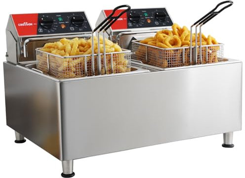 crosson Friteuse électrique CROSSON 16 L à double réservoir avec tête de friteuse rotative, minuterie de 30 minutes, thermostat EGO, friteuse de comptoir pour usage commercial