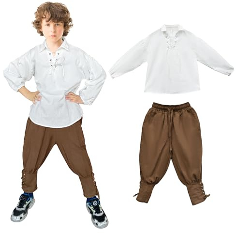 Prebene Costume da pirata medievale per ragazzi, camicia e pantaloni alla caviglia, costume rinascimentale per Halloween, top e pantaloni giacobiti scozzesi, Bianco+marrone, 10-12T