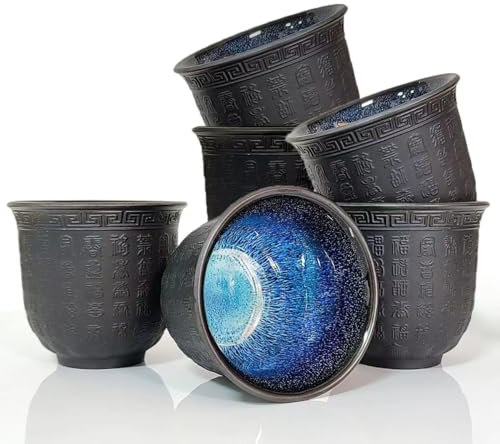 NIUKOMY Set di 6 Tazze da Tè Cinesi, Vintage Tazza da Tè Kung Fu, Tradizionale Tazza da Giapponesi Senza Manico in Ceramica Piccoli in Rilievo Testo di Buona Fortuna160ML