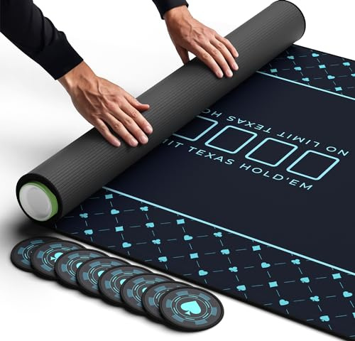 Newverest pokerbordsskiva 178 cm x 89 cm, Texas Hold'em pokermatta för hemspelkvällar upp till 10 spelare, blackjack, casino | pokertopp för bord i blixtlåsförvaringsväska med 8 underlägg i presentbox