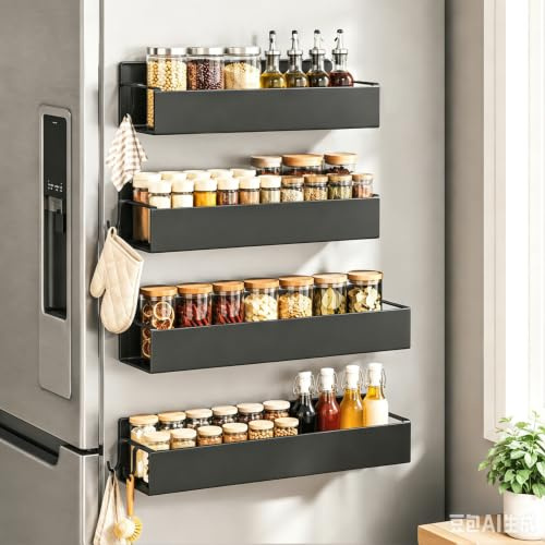 keilend Magnetic Shelf for Fridge 4 Pack 2 Sizes Magnetic Spice Rack with 11 Lbs Weight Capacity, Iron Strong Shelf for Kitchen Storage - Black