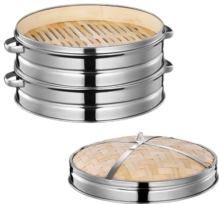 Bamboo Steamer 23.5CM, Two-Tier Food Dim Sum Steamer with Lid, Great for Asian Cooking, Buns, Dumplings, Vegetables, Fish