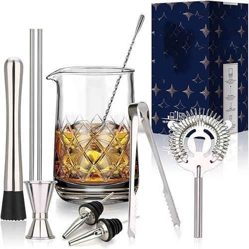 QXSJEDYCH 10-teiliges Kristall-Cocktail-Rührglas-Set, 750 ml Cocktail-Glas-Shaker, Barkeeper-Set for die Party zu Hause – EIN tolles Geschenk Bars