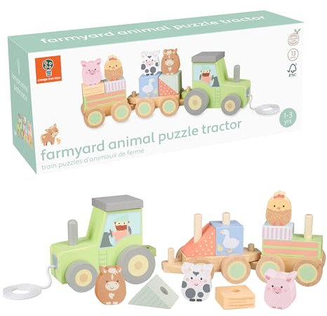 Farm Animal Puzzle Tractor Toy – Push and Pull Along Stacking Toys for 1 Year Olds, Toddler - Wooden Puzzle Shapes, 1st Birthday Gifts For Boy, Girl - Farmyard Stacking Toys by Orange Tree Toys