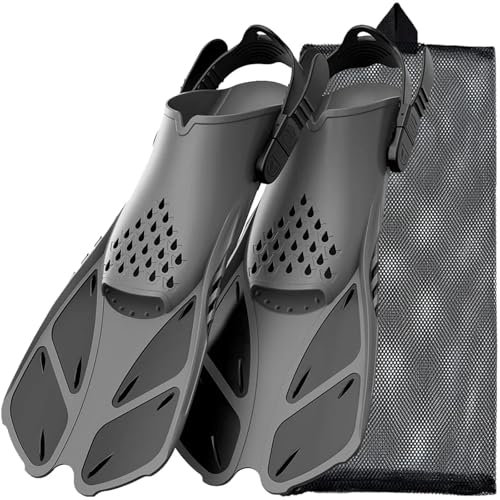 Schwimmflossen Herren Schnorchelflossen, verstellbare Schnallen, Schwimmflossen, Kurze Silikon-Tauchschuhe, offene Ferse, Reisegröße, Erwachsene, Männer, Frauen(Black,L/XL)