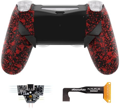 eXtremeRate Dawn Tipo C Versión Remap Kit para ps4 Slim Pro JDM-040/050/055 Mando con 6 Perfiles de Mapeo Carcasa Trasera Rediseñada y 4 Botones Traseros-Sin Controlador(Salpicaduras Rojas)