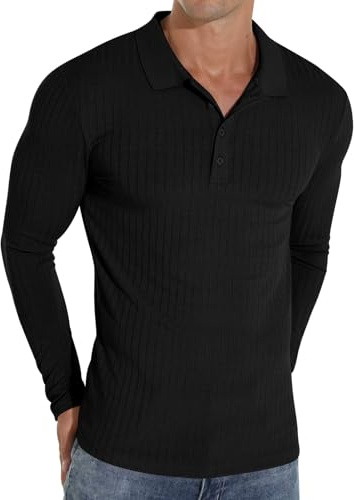 Sailwind Polo Shirts for Men Long Sleeve Tshirts Slim Fit Casual Shirts Classic Stretch Tops Golf Tee (Black, XL)