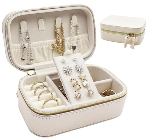 SchmuckkäStchen MäDchen, Schmuckaufbewahrung Reise Leder, Schmuck Organizer Mit ReißVerschluss, Schmuckbox, Schmuckschatulle, Geschenkidee, Schmuckkasten FüR Uhren, Ringe Ohrringe Halsketten (Beige)